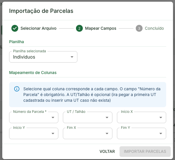 Importação de parcelas - mapear campos