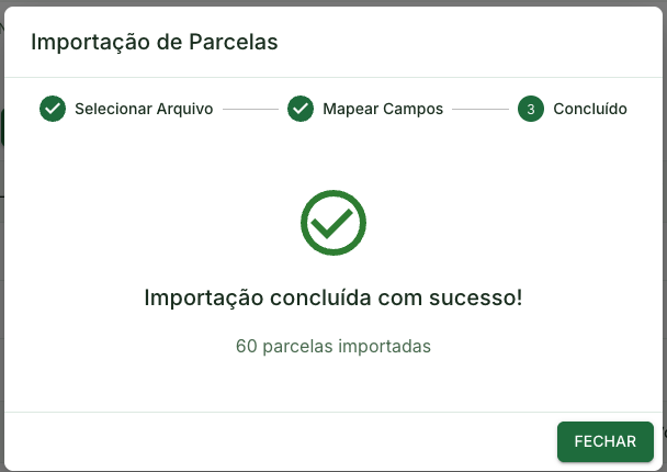 Importação de parcelas - mensagem sucesso