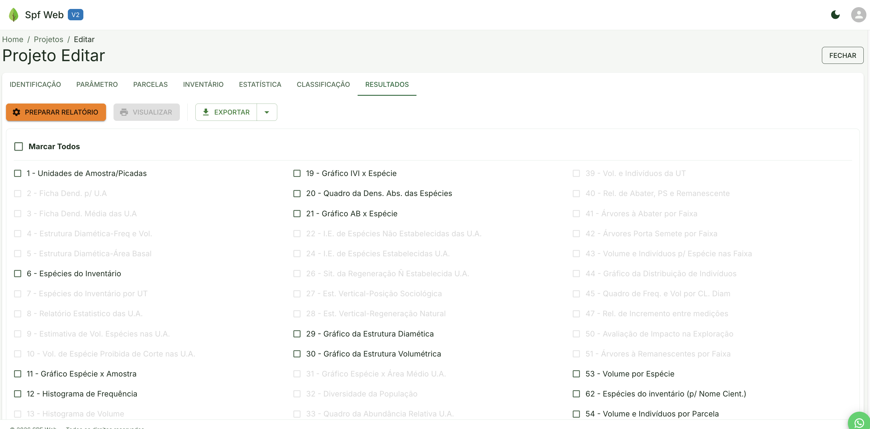 Aba de Resultados do projeto